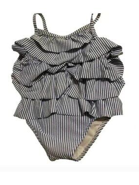 Baby Boden Girls Blue & White Striped Ruffled One-Piece Swimsuit Size 6-12 Month